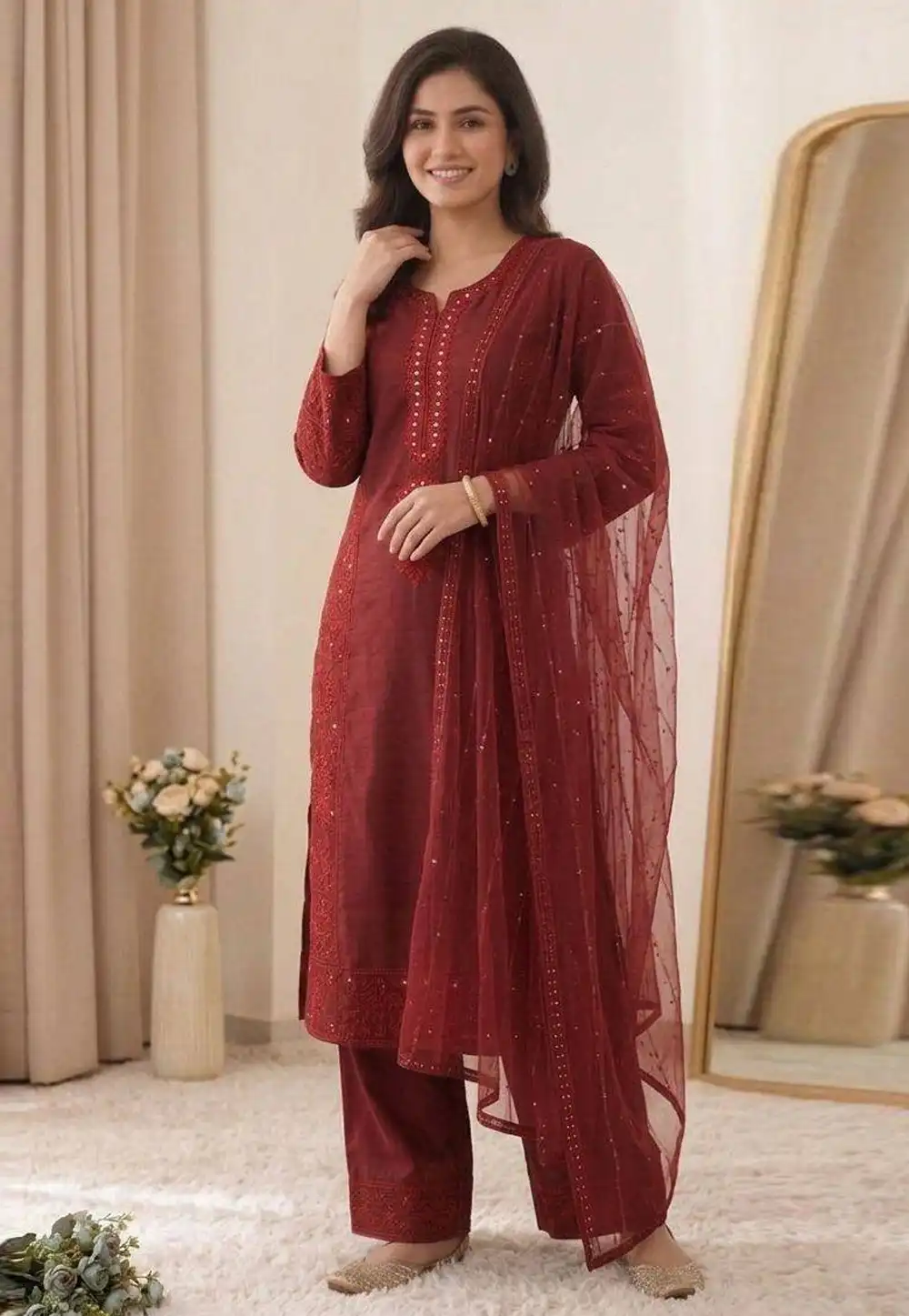 Maroon Chanderi Readymade Pakistani Suit 330331