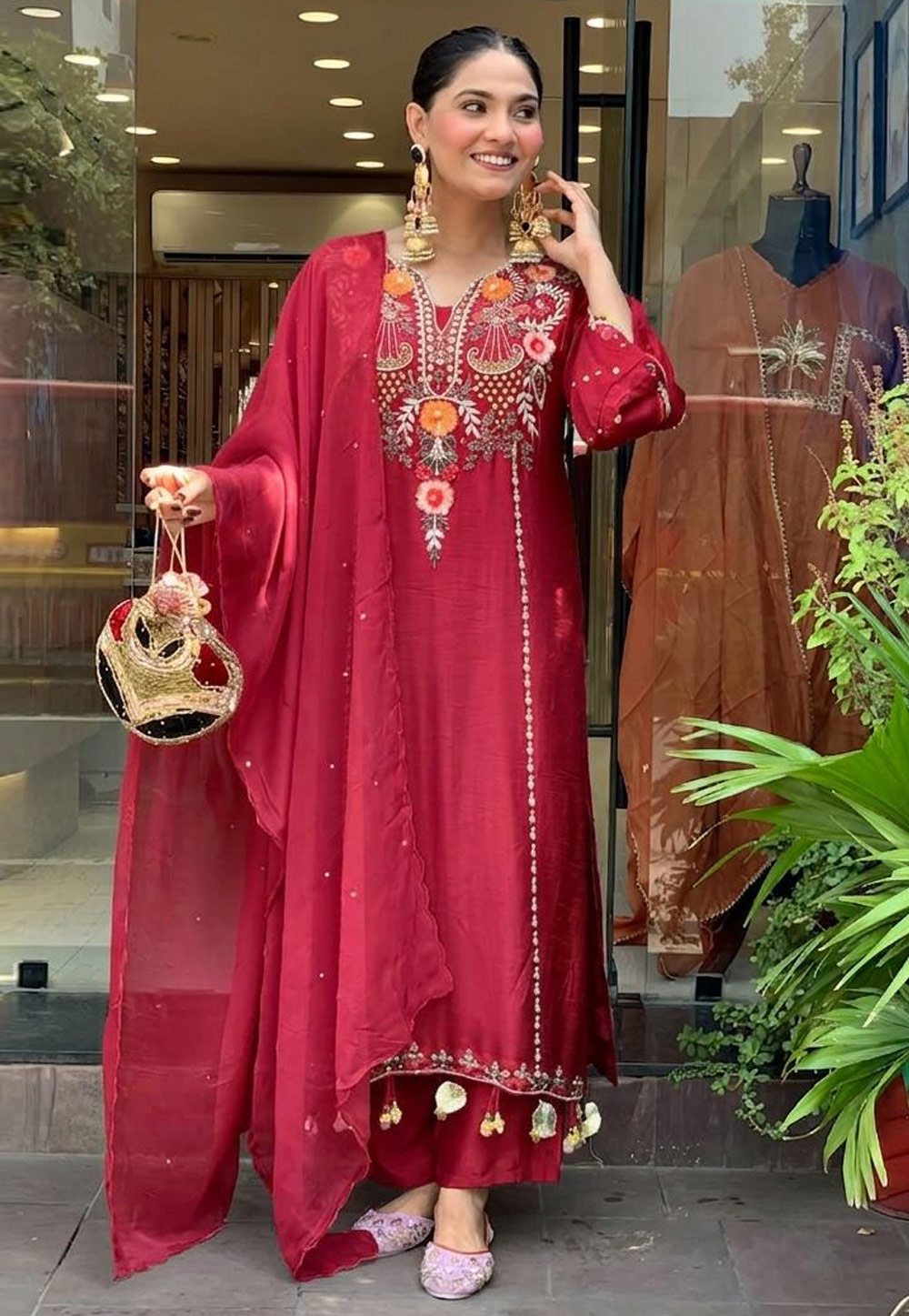 Maroon Chanderi Readymade Pakistani Suit 327163