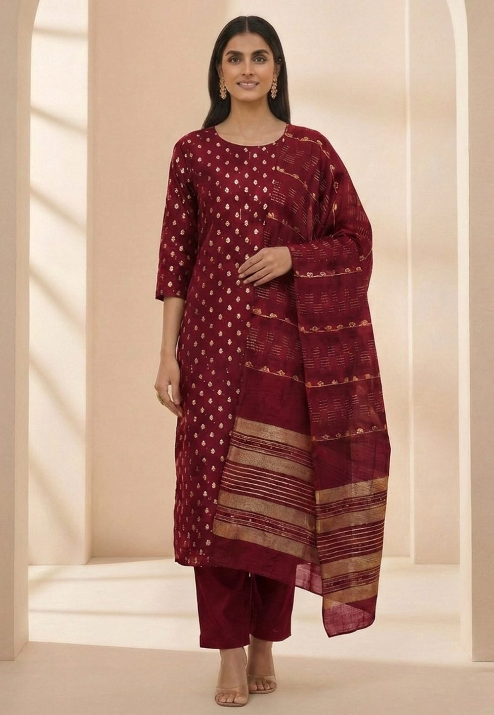 Maroon Chanderi Silk Pant Style Suit 322599