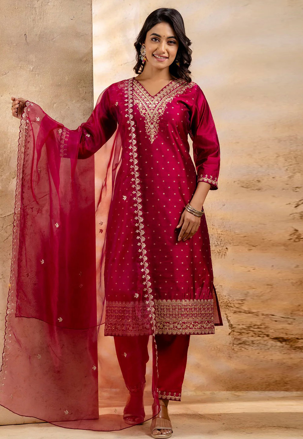 Maroon Chanderi Silk Readymade Pakistani Suit 308912