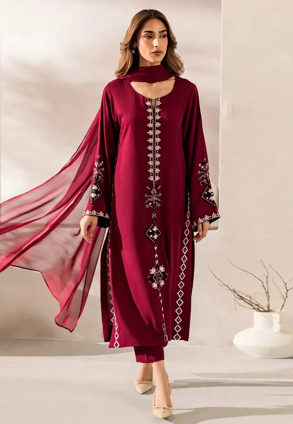 Maroon Chanderi Silk Readymade Pant Style Suit 330885