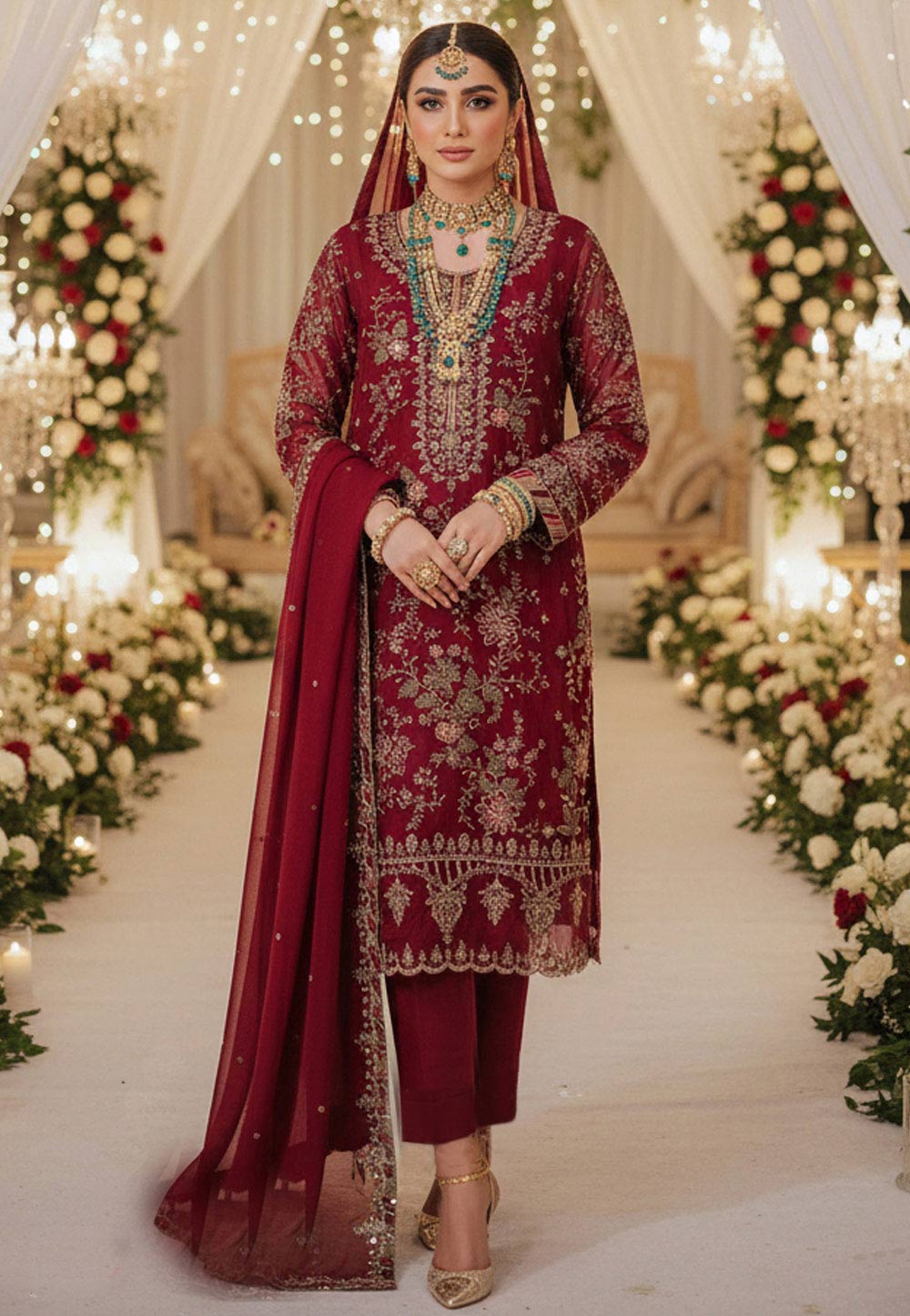 Maroon Chiffon Embroidered Pakistani Suit 326132