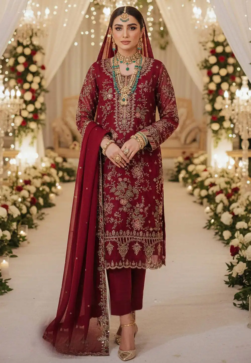 Maroon Chiffon Embroidered Pakistani Suit 326132