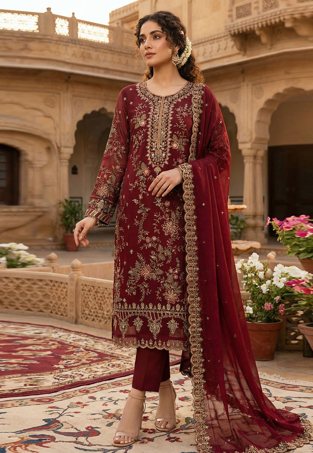 Maroon Chiffon Embroidered Straight Suit 326816
