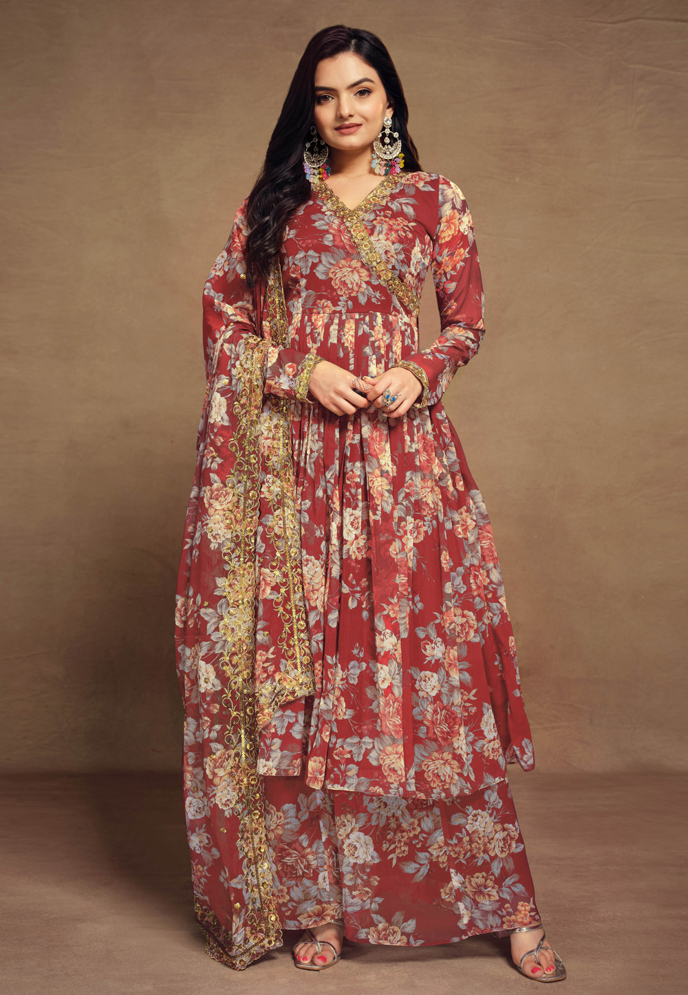 Maroon Chiffon Readymade Palazzo Suit 286687