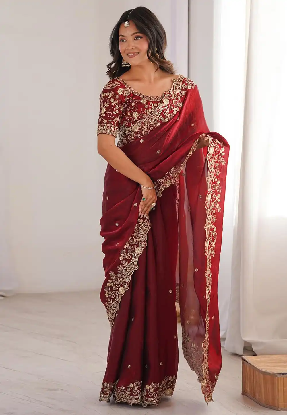 Maroon Chiffon Saree With Blouse 329427