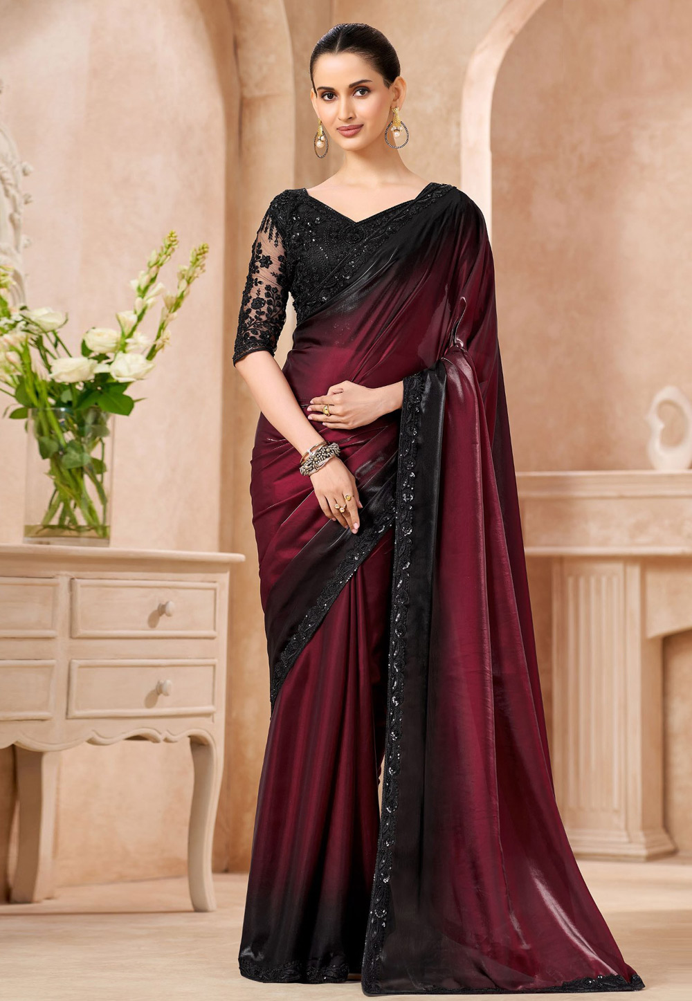 Maroon Chiffon Saree With Blouse 323957