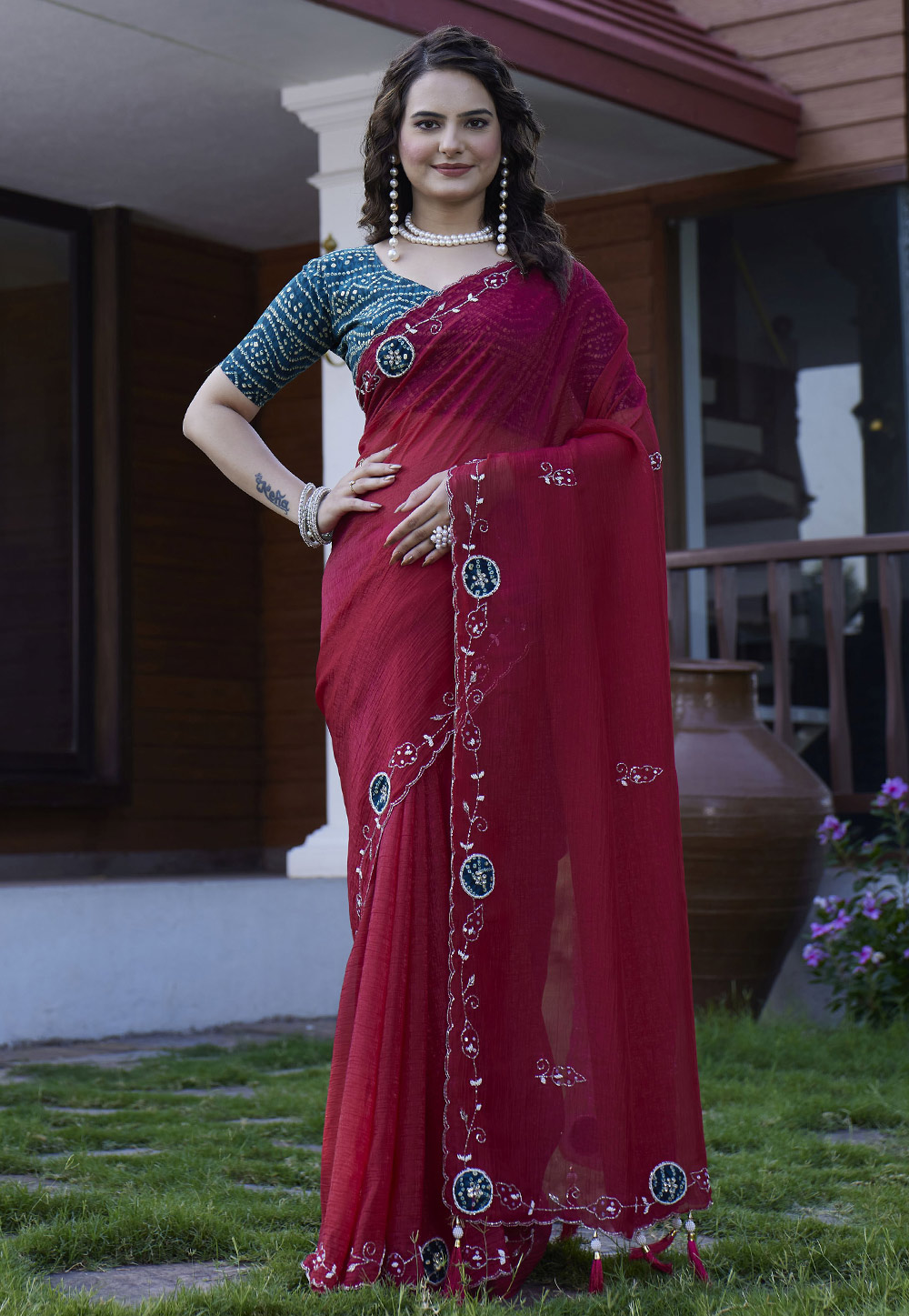Maroon Chiffon Saree With Blouse 311479