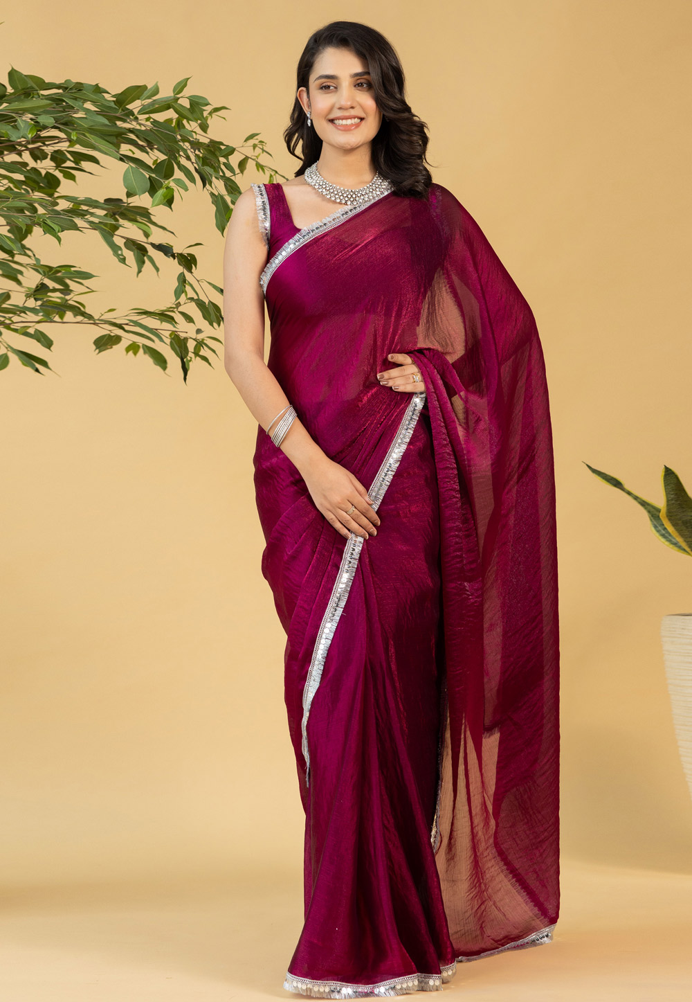 Maroon Chiffon Saree With Blouse 311569