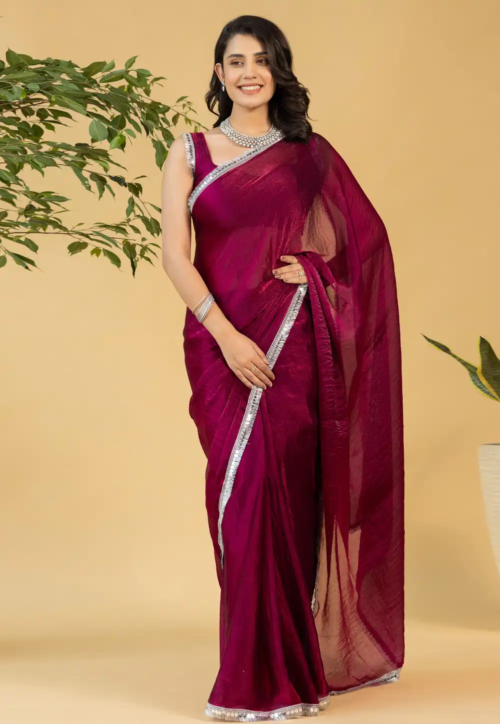 Maroon Chiffon Saree With Blouse 311569