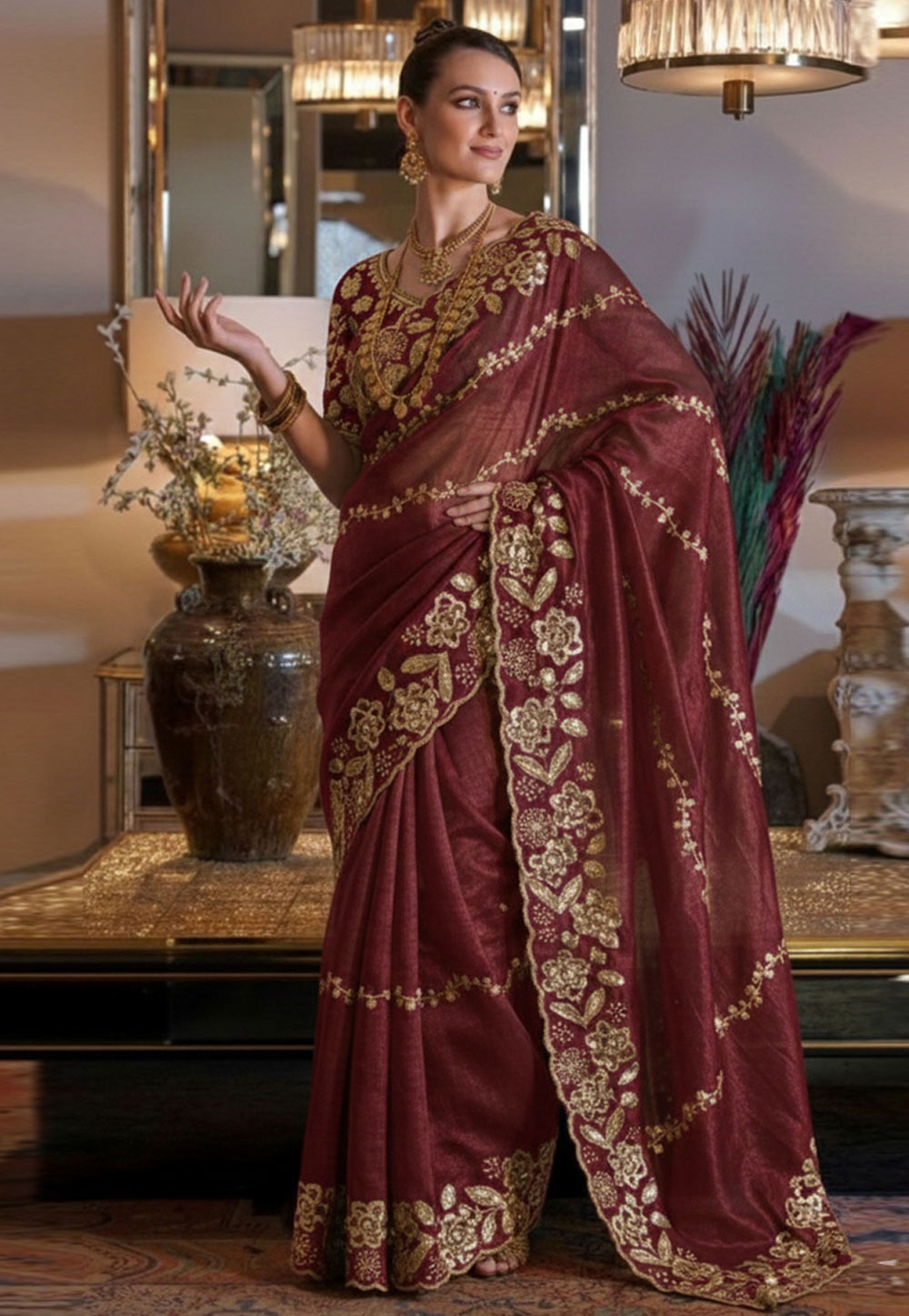 Maroon Chiffon Saree With Blouse 330047