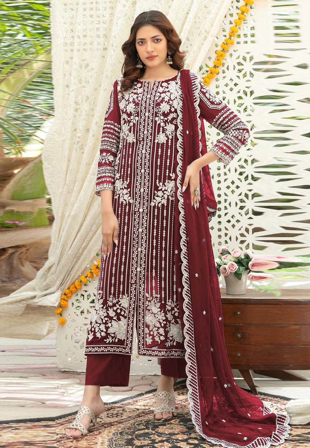 Maroon Chiffon Straight Suit 329676