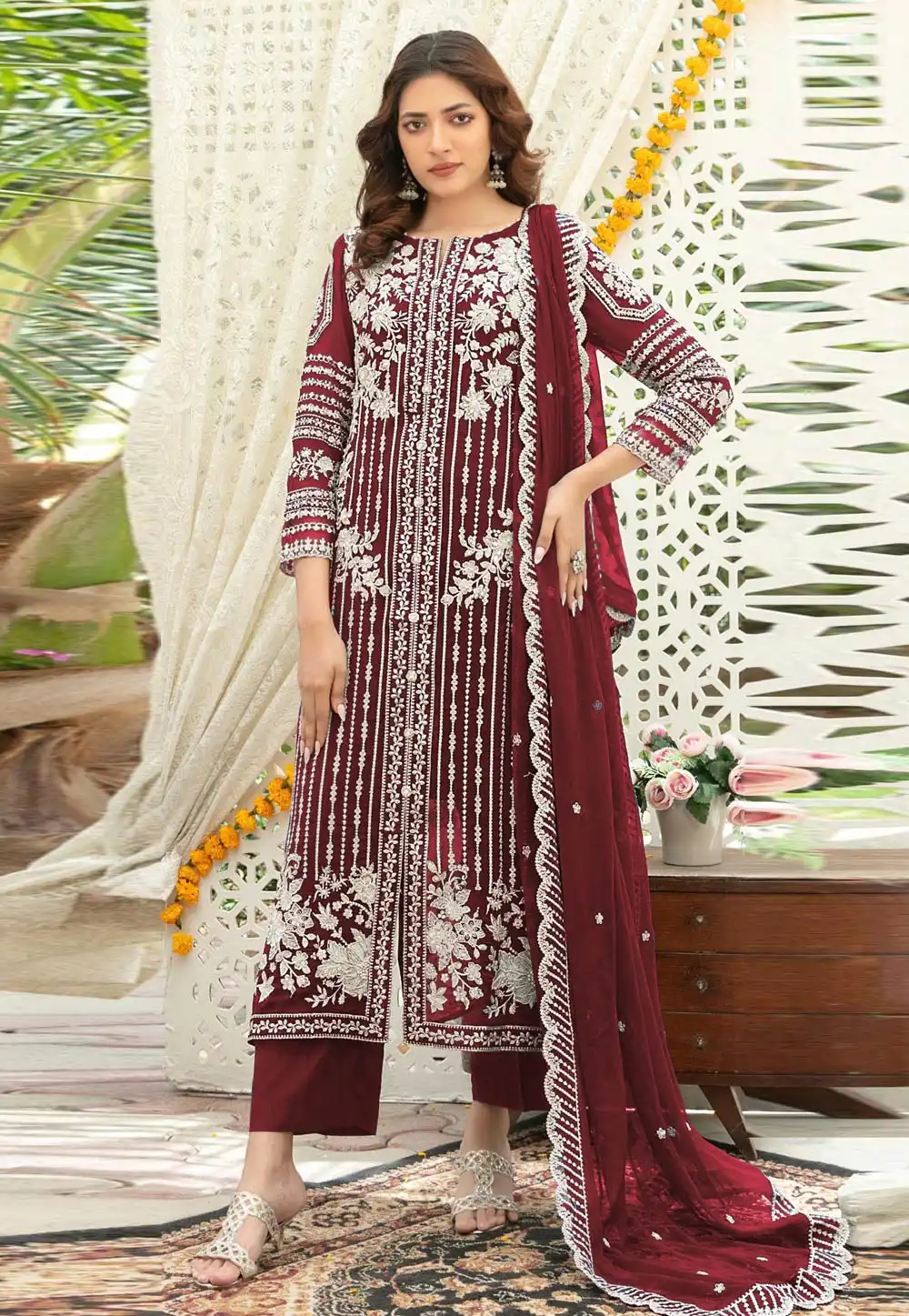 Maroon Chiffon Straight Suit 329676