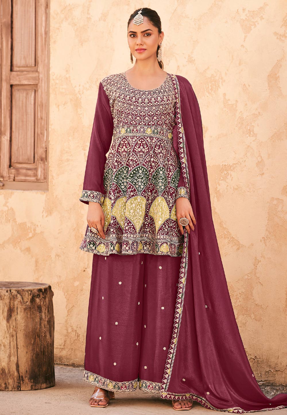 Maroon Chinon Embroidered Pakistani Suit 307131