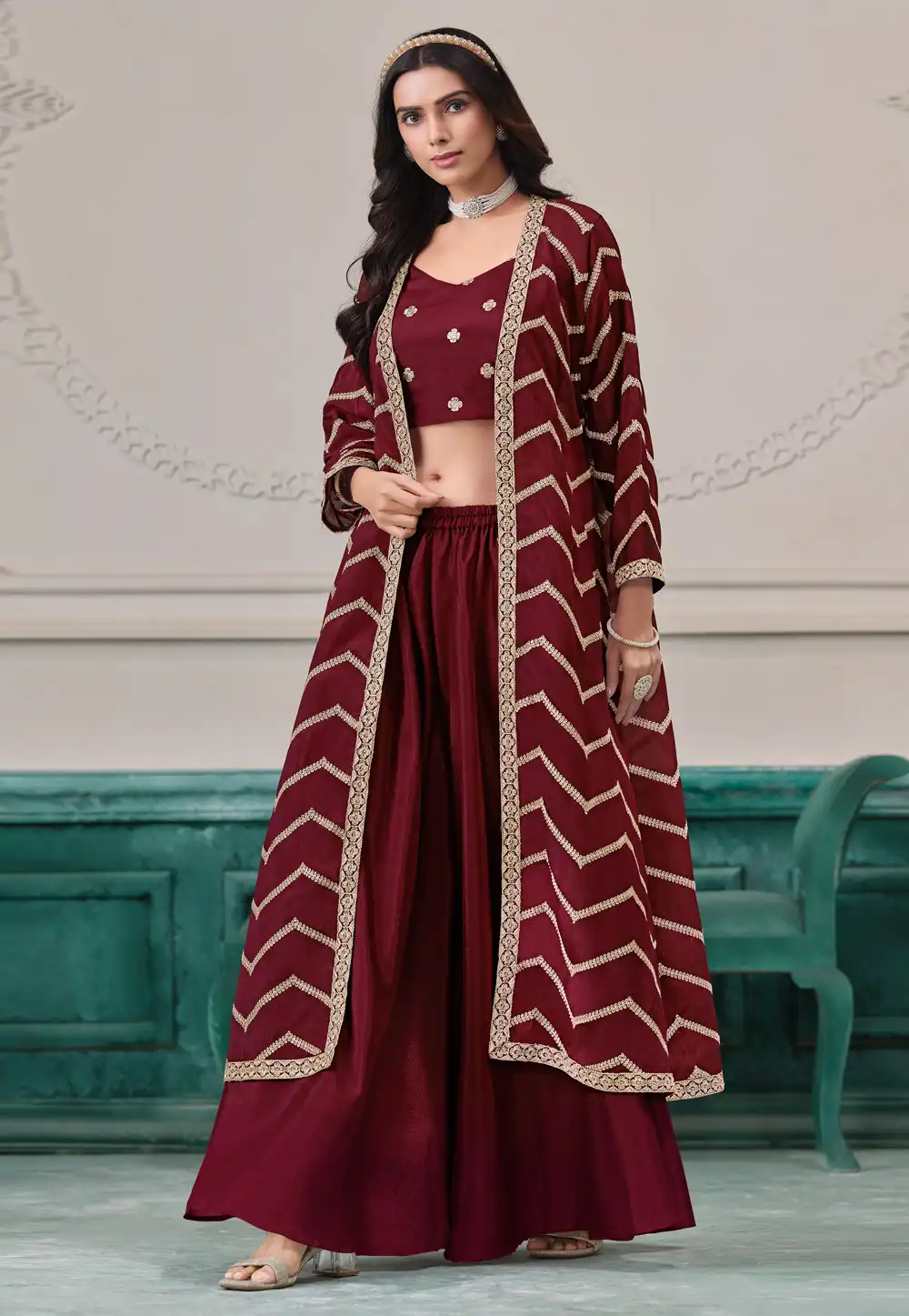 Maroon Chinon Jacket Style Suit 312210