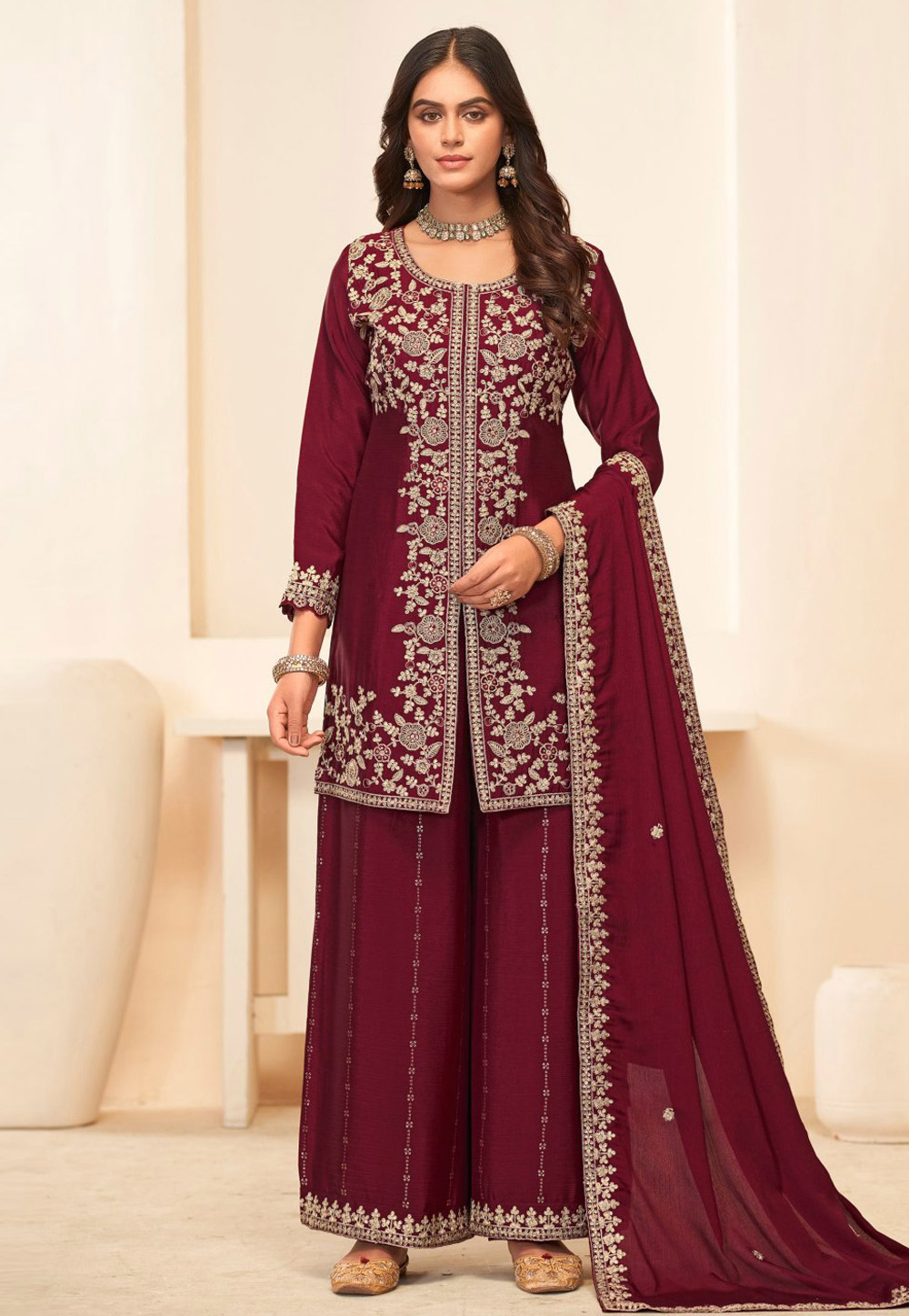 Maroon Chinon Palazzo Suit 322801