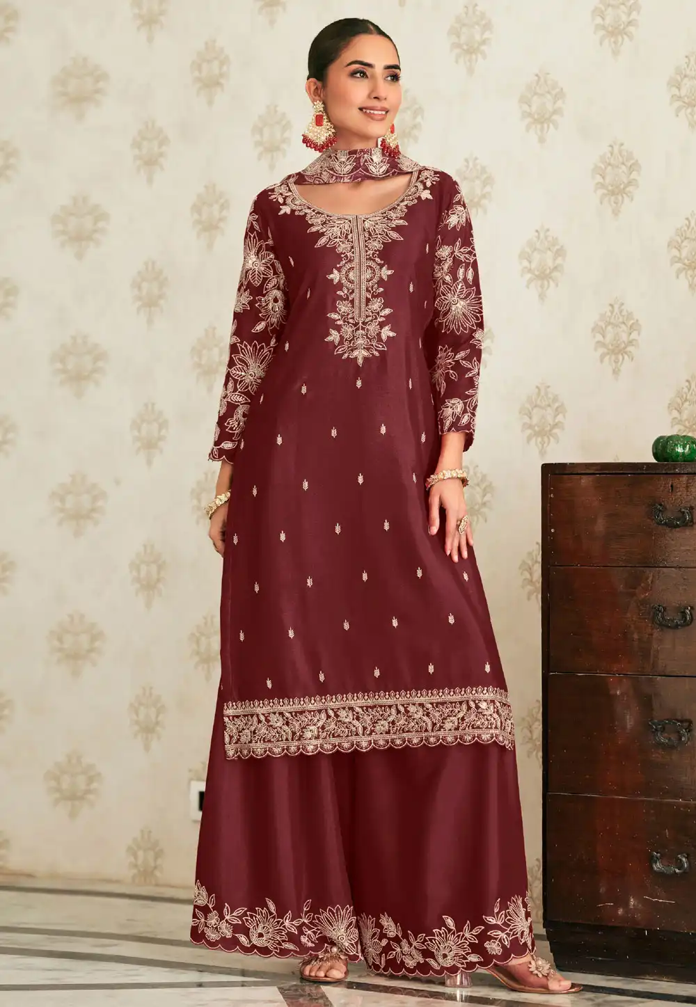 Maroon Chinon Palazzo Suit 330735