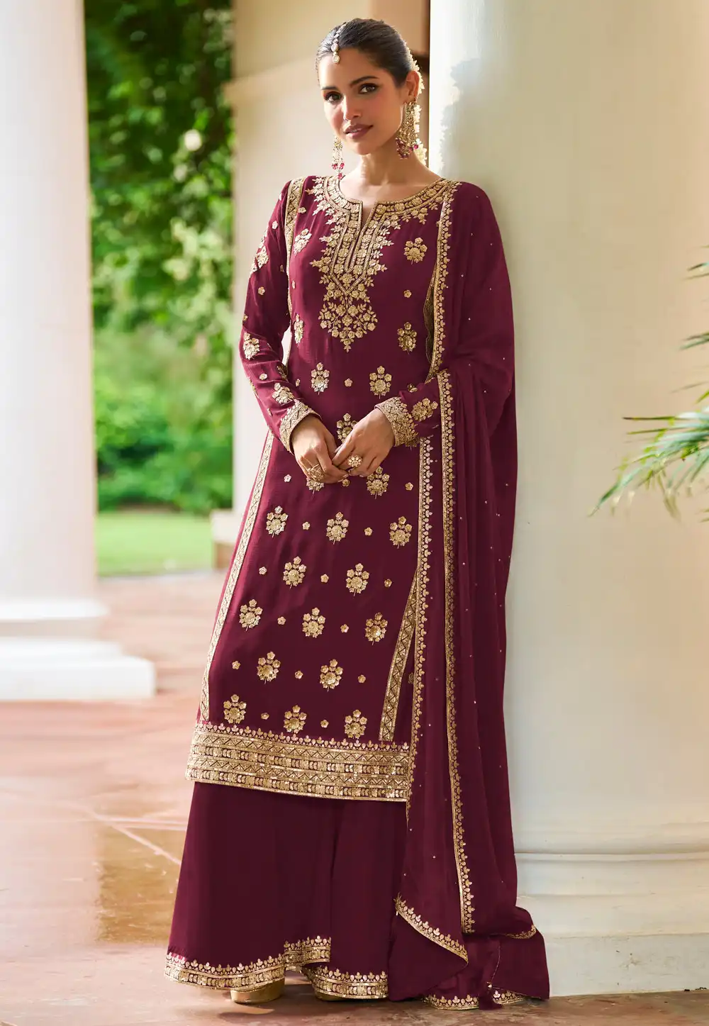 Maroon Chinon Palazzo Suit 325085
