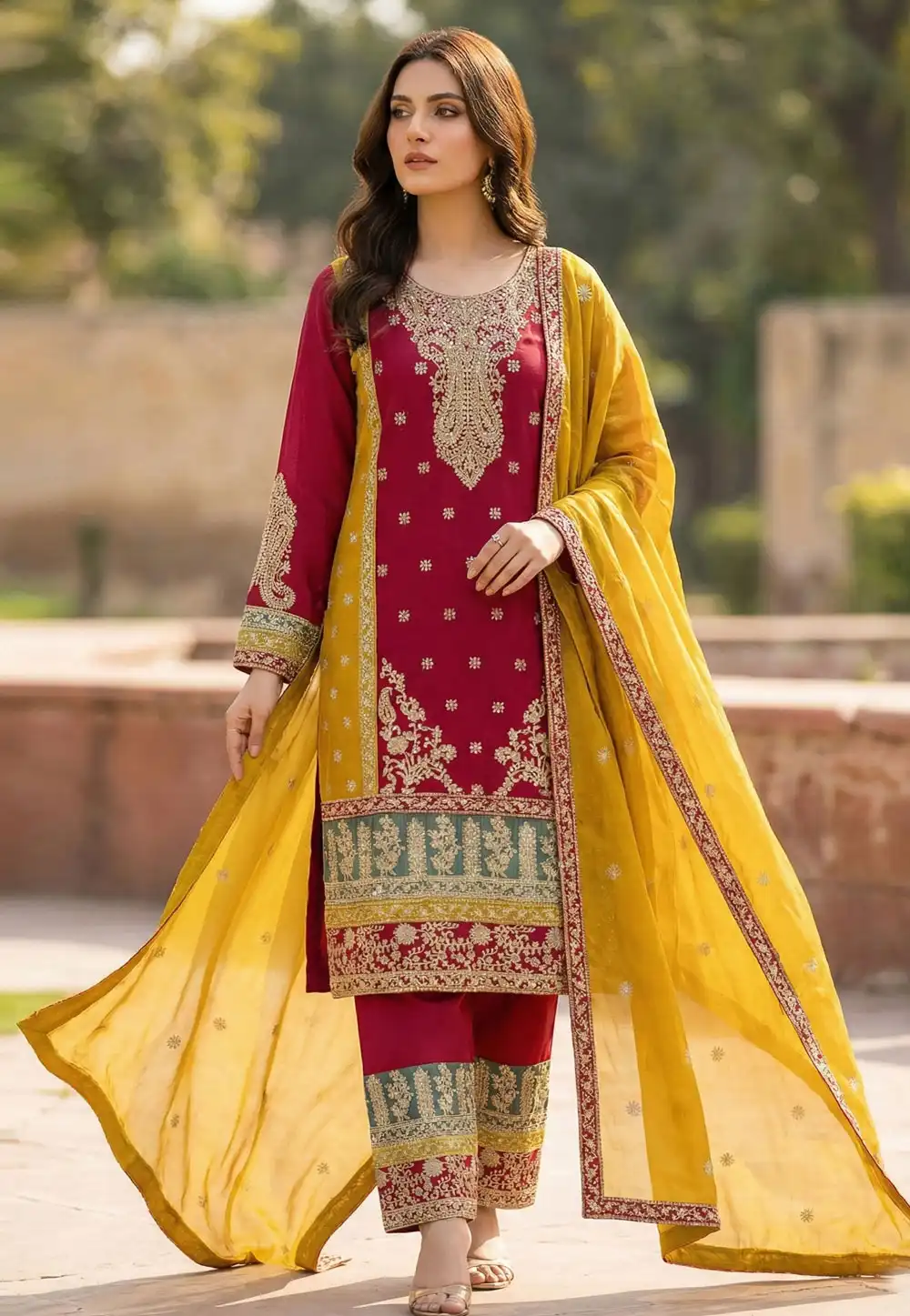 Maroon Chinon Pant Style Suit 322211