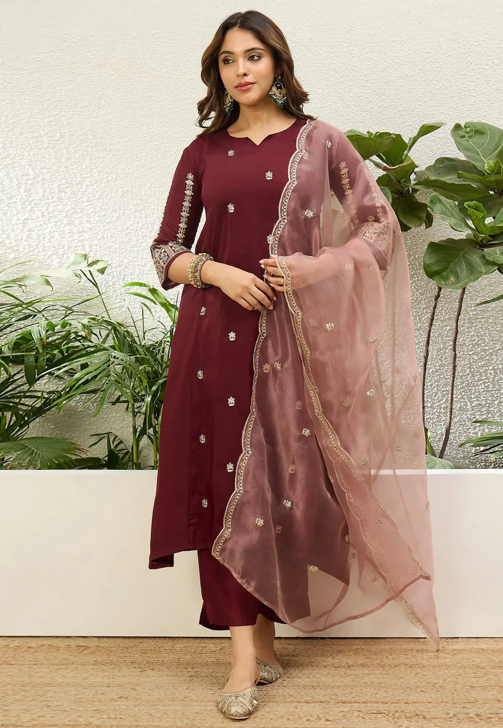 Maroon Chinon Readymade Anarkali Suit 333778