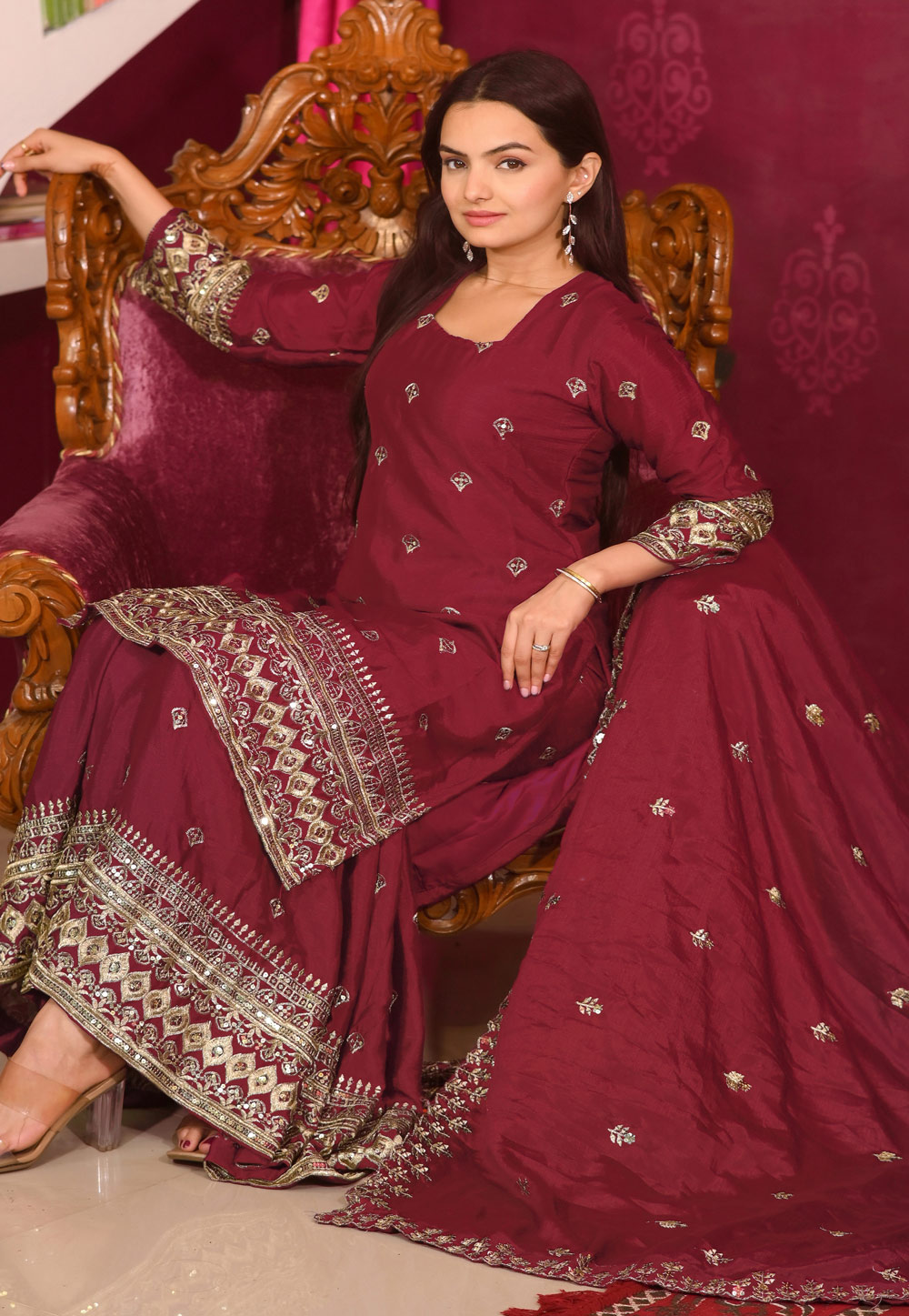 Maroon Chinon Readymade Gharara Suit 306573
