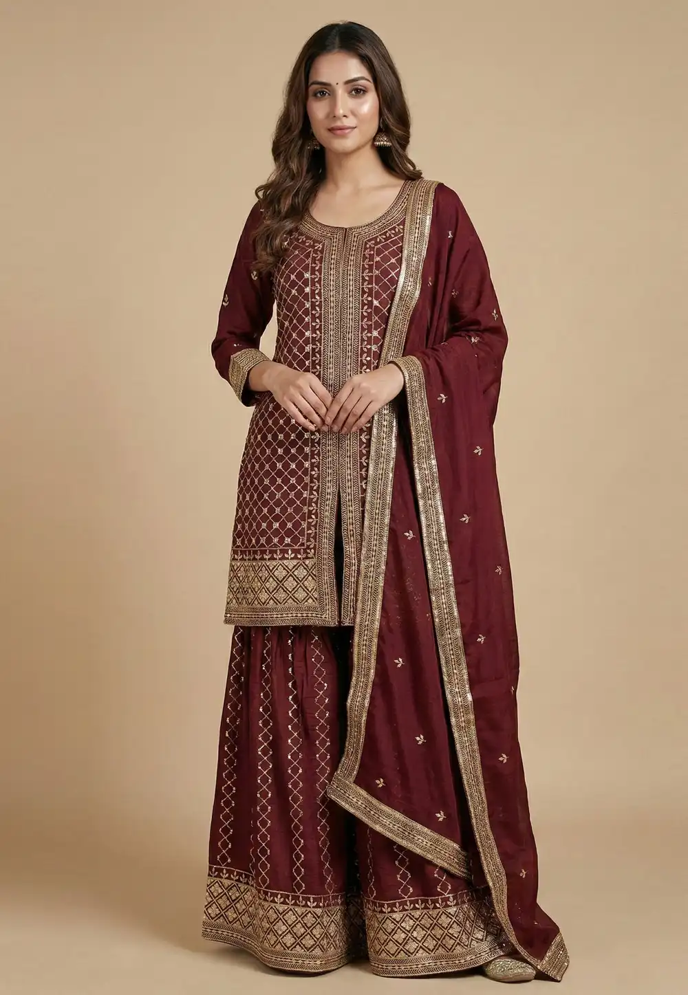 Maroon Chinon Readymade Gharara Suit 323833