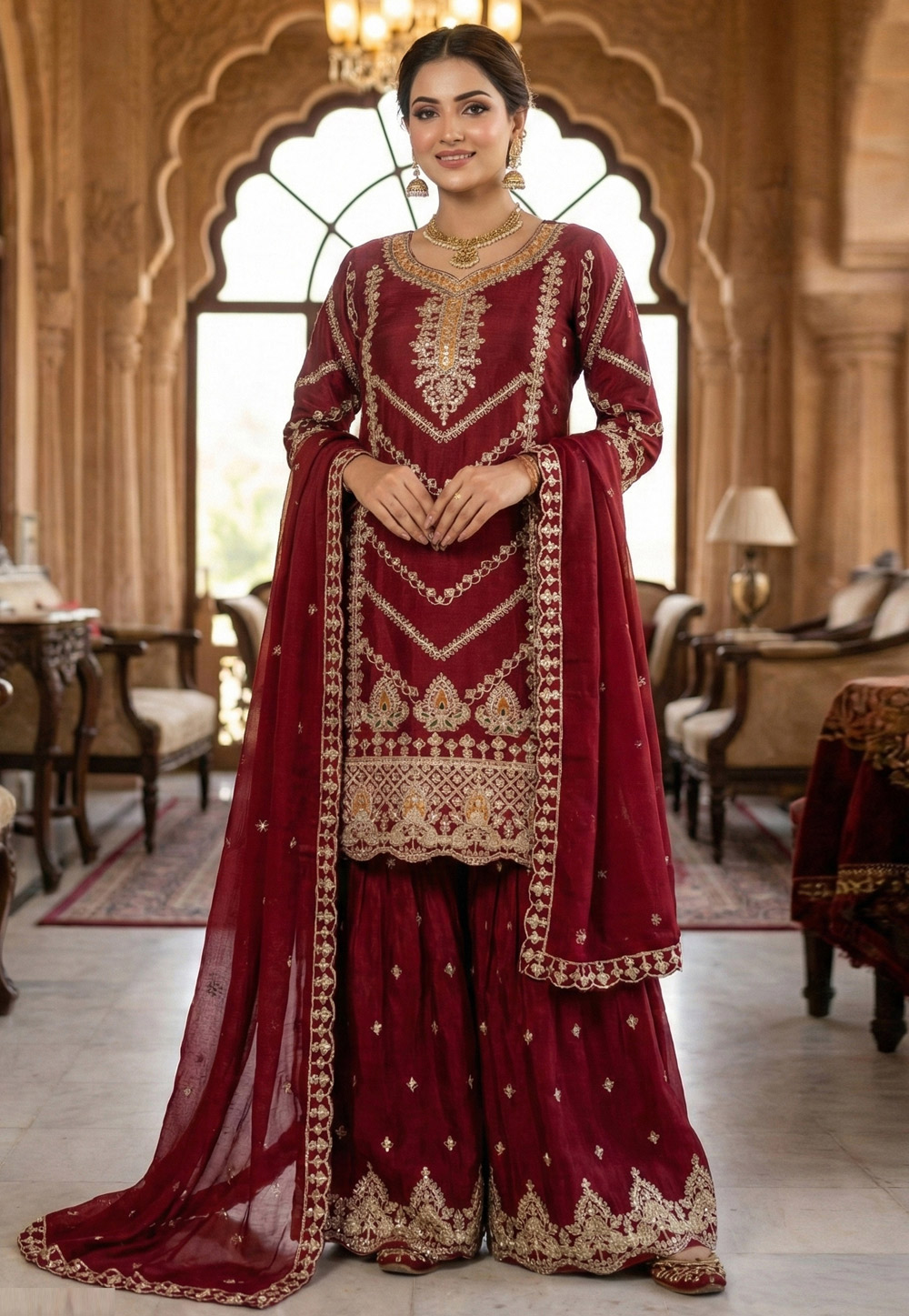 Maroon Chinon Readymade Gharara Suit 322720