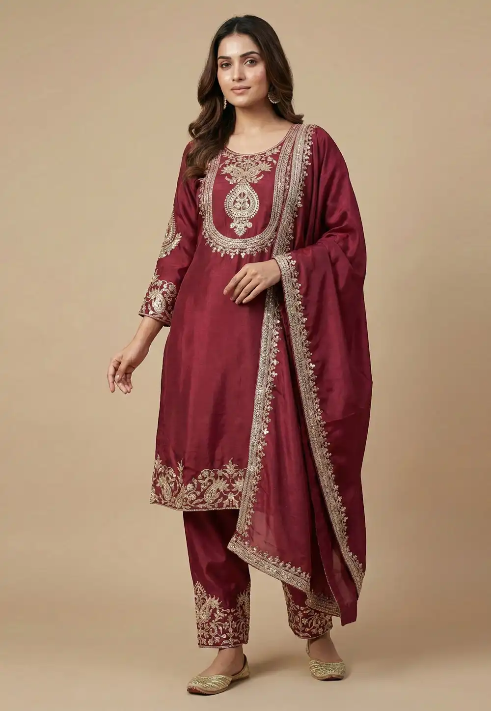 Maroon Chinon Readymade Pakistani Suit 323875