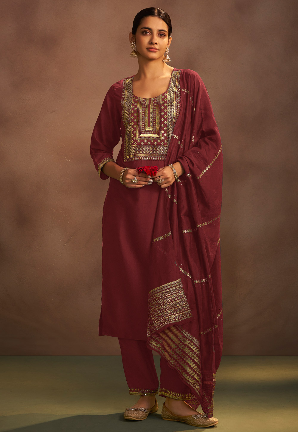 Maroon Chinon Readymade Pakistani Suit 321811