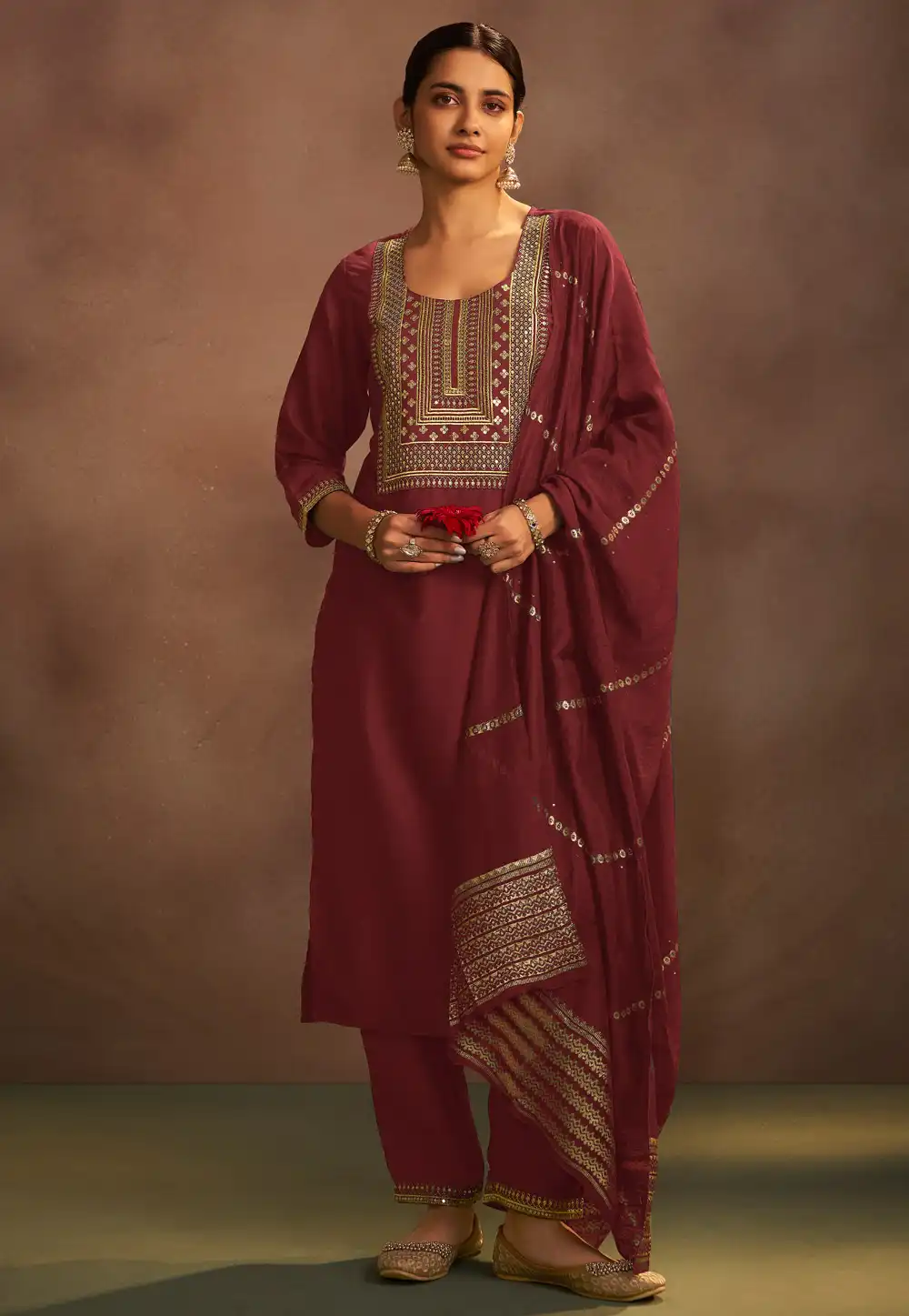 Maroon Chinon Readymade Pakistani Suit 321811
