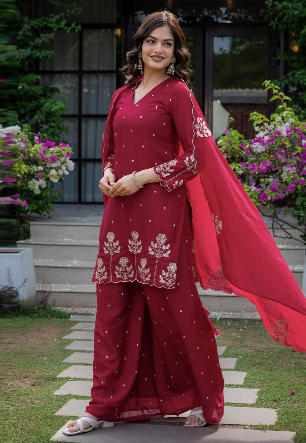 Maroon Chinon Readymade Palazzo Suit 327173