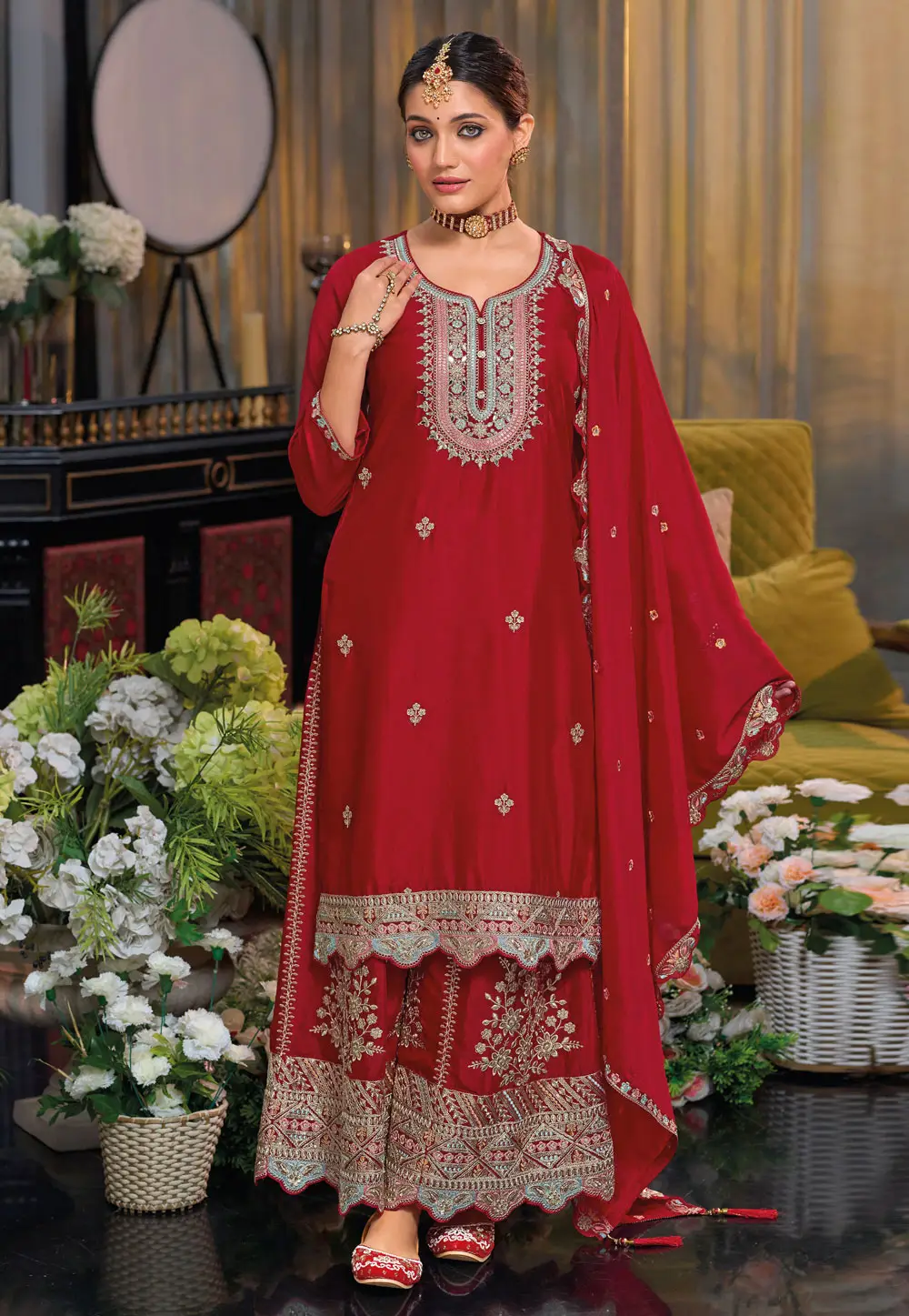 Maroon Chinon Readymade Palazzo Suit 295166
