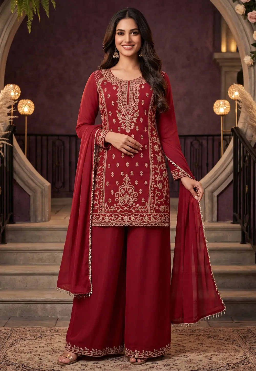 Maroon Chinon Readymade Palazzo Suit 333996