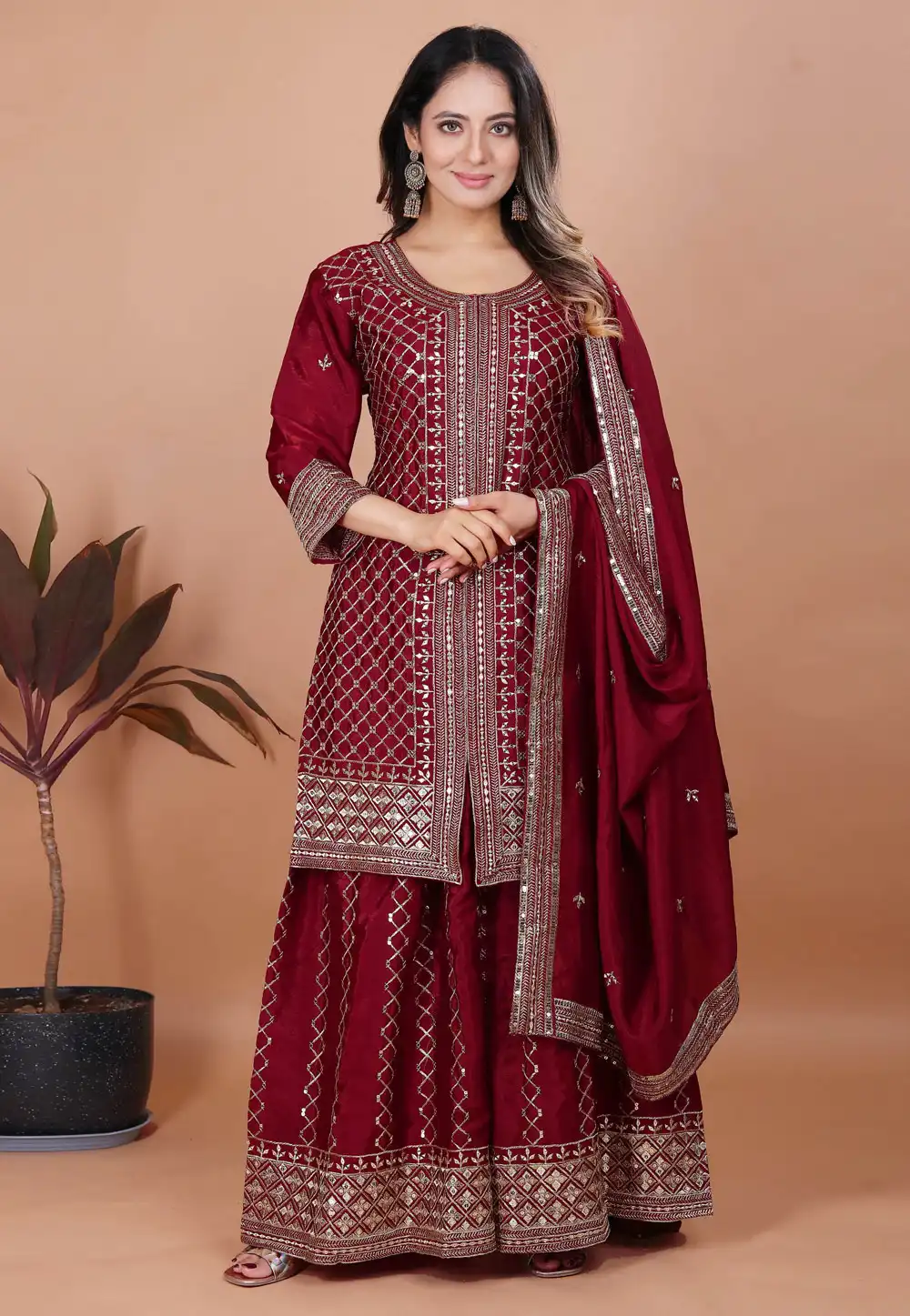Maroon Chinon Readymade Palazzo Suit 314222
