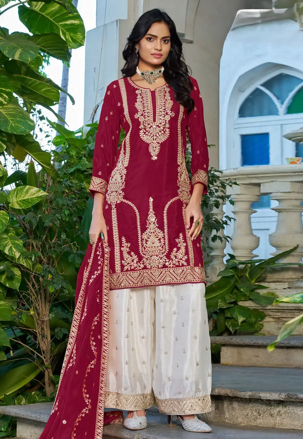 Maroon Chinon Readymade Palazzo Suit 328678
