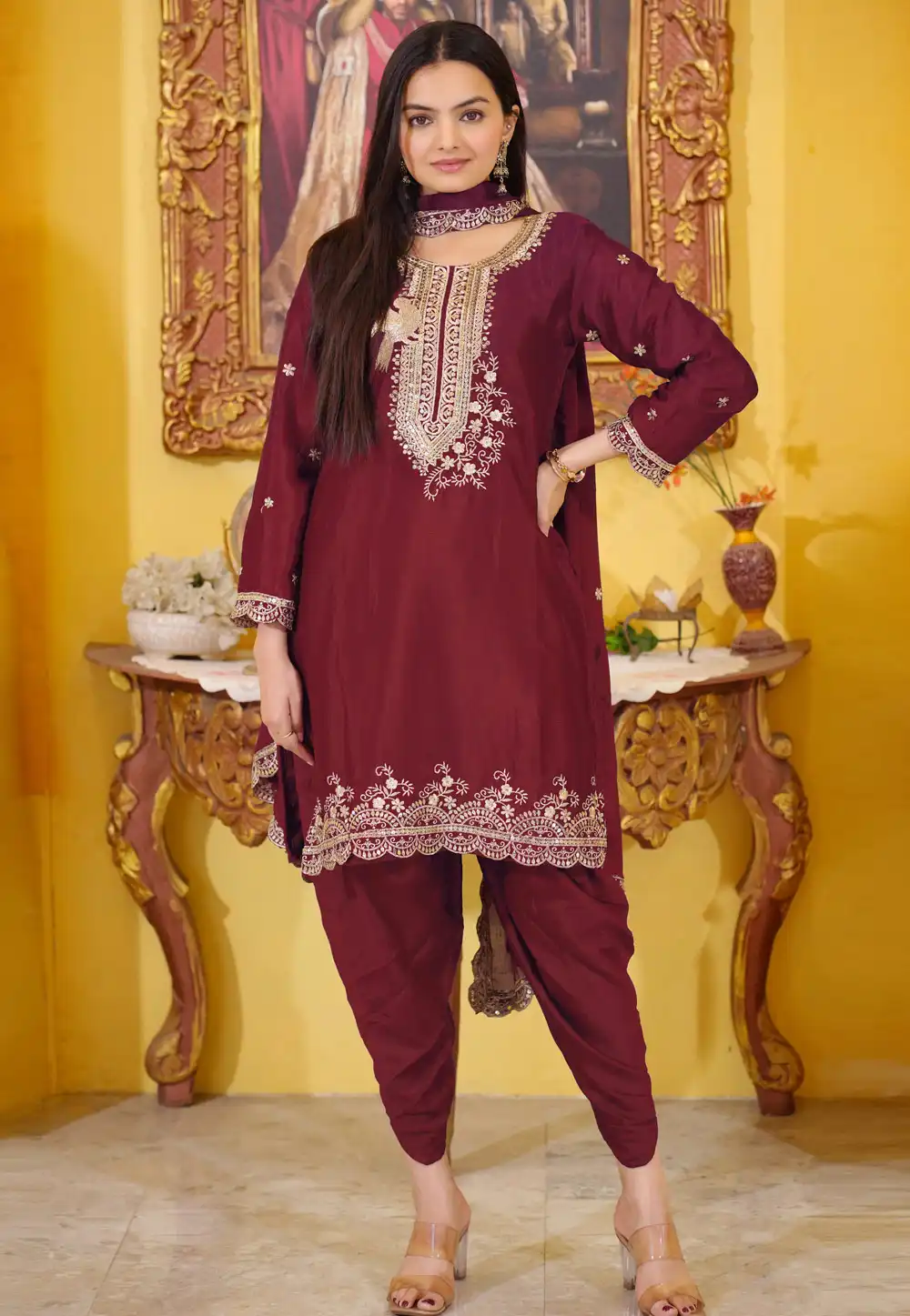 Maroon Chinon Readymade Patiala Suit 307911