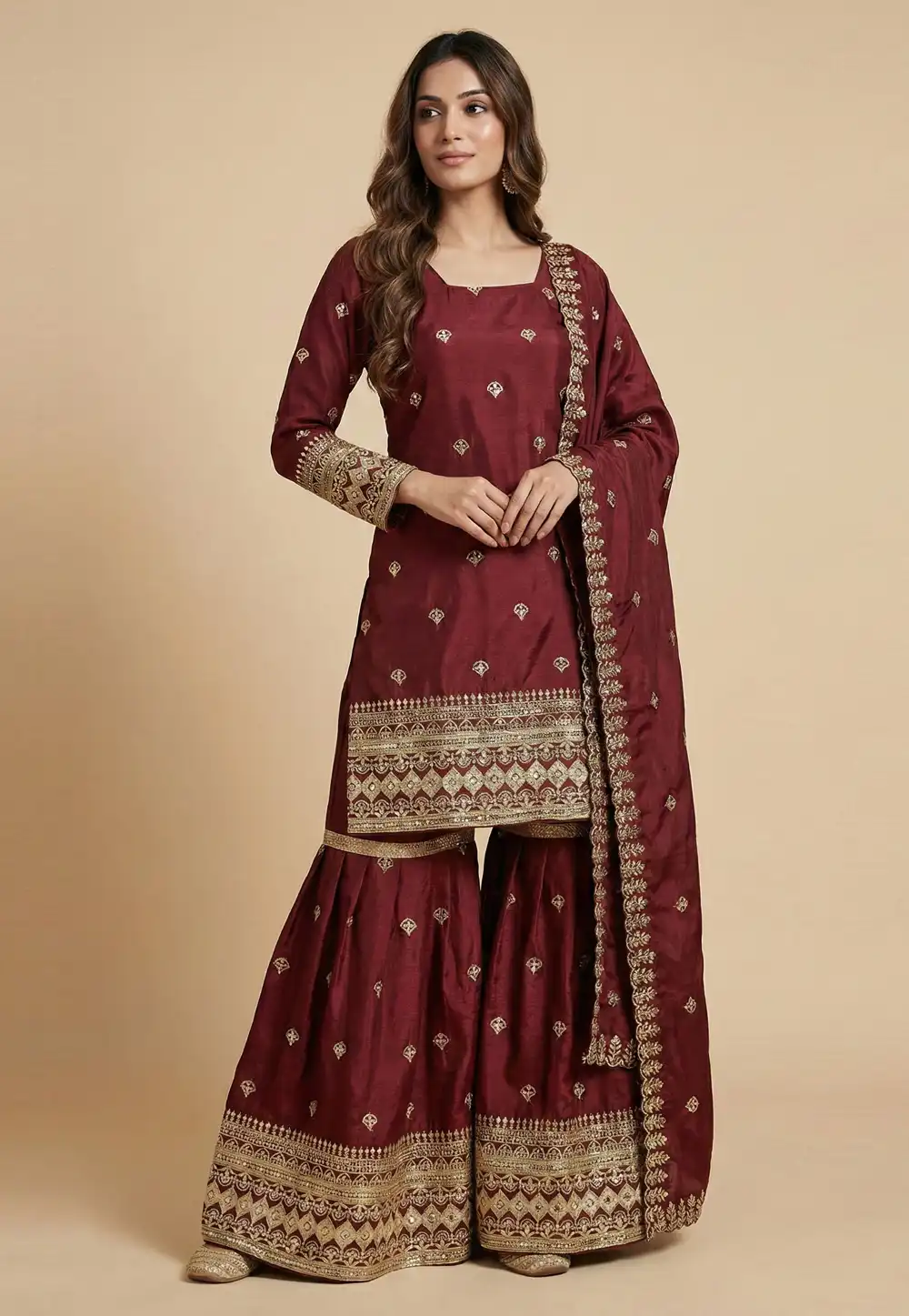 Maroon Chinon Readymade Sharara Suit 323793