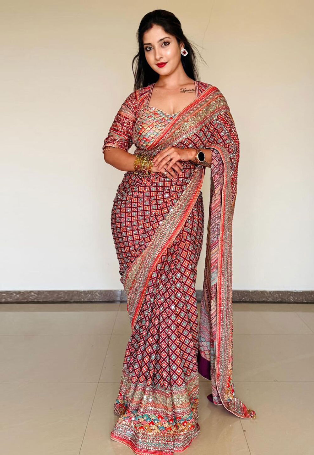 Maroon Chinon Saree With Blouse 328576