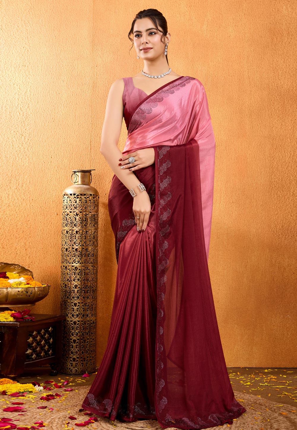 Maroon Chinon Saree With Blouse 306747