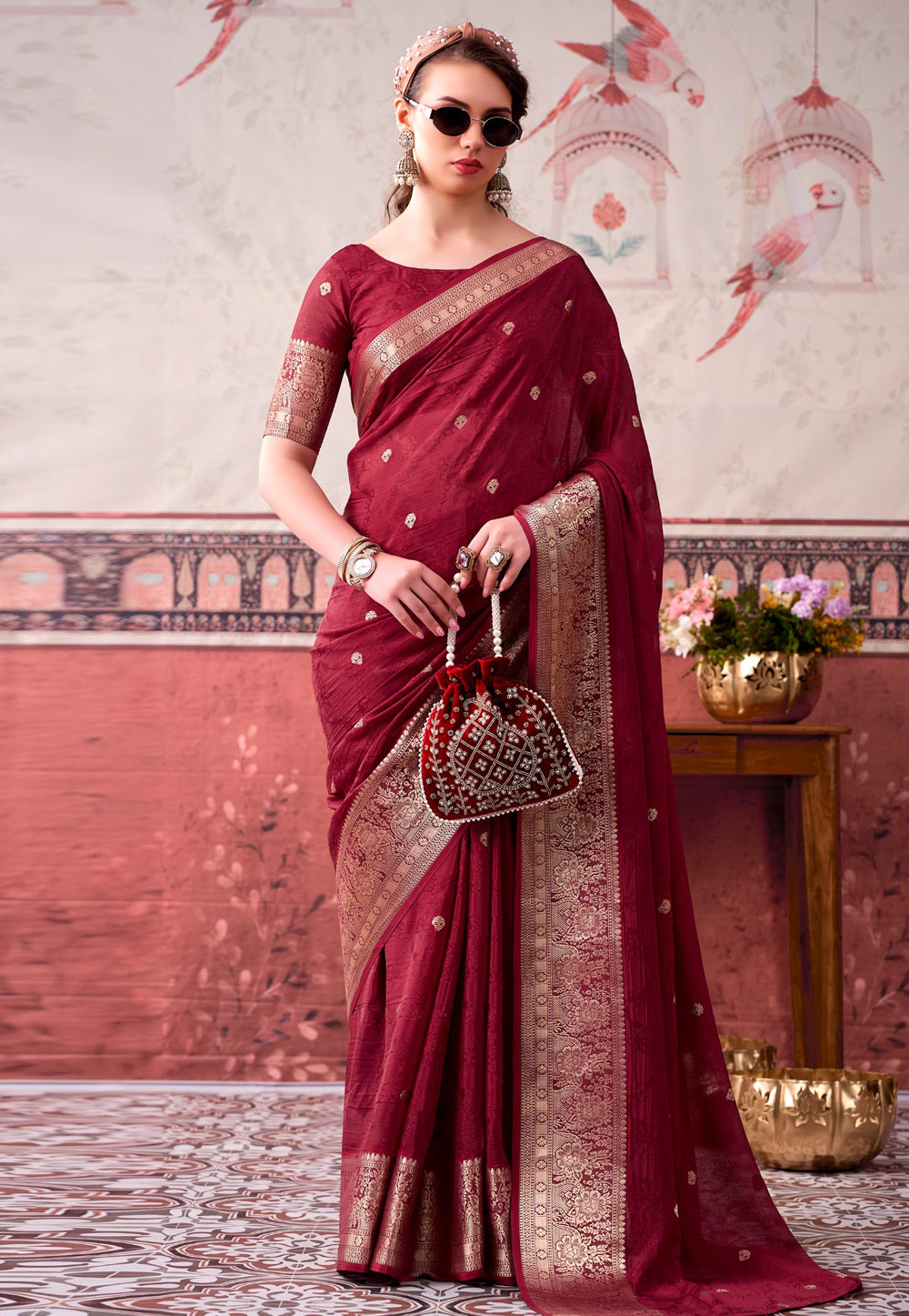 Maroon Chinon Saree With Blouse 329483
