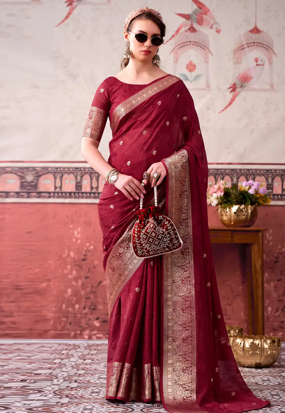 Maroon Chinon Saree With Blouse 329483