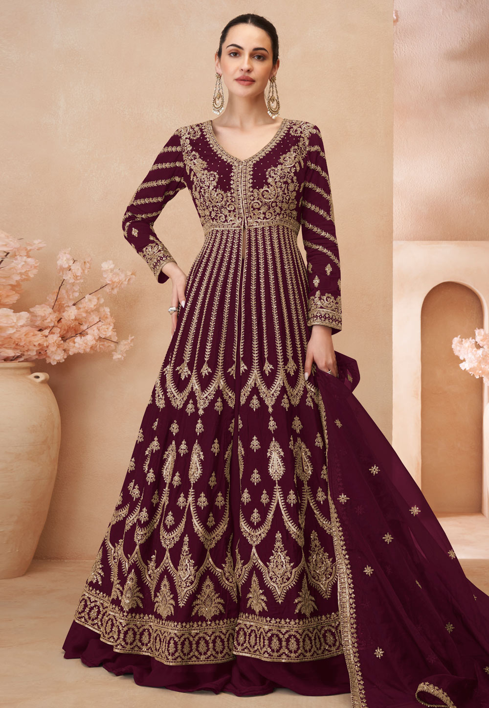 Maroon Chinon Silk Long Anarkali Suit 307873