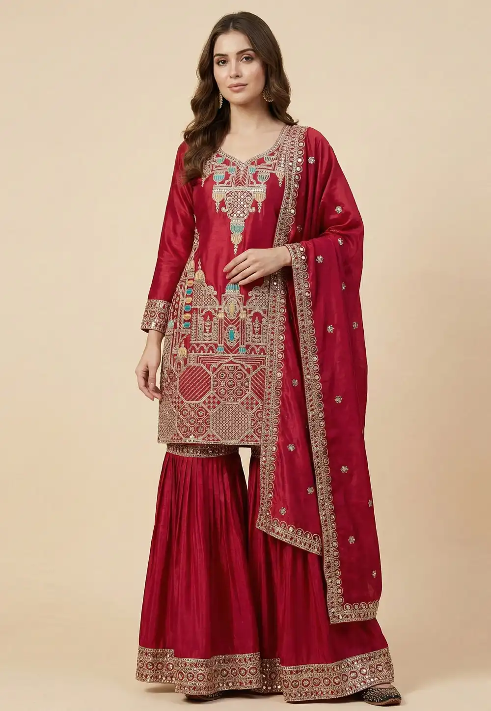 Maroon Chinon Silk Readymade Gharara Suit 323296