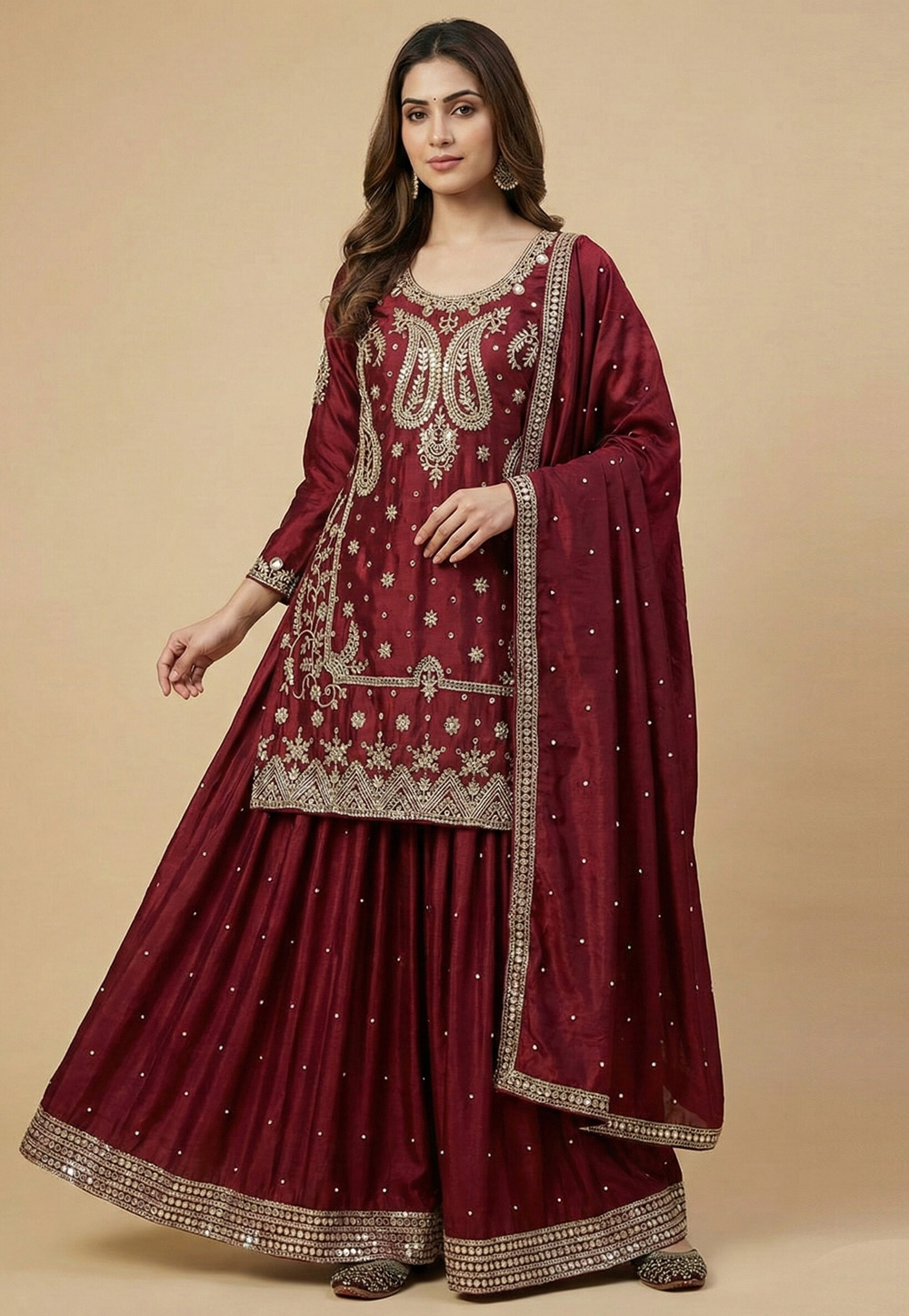 Maroon Chinon Silk Readymade Gharara Suit 323298
