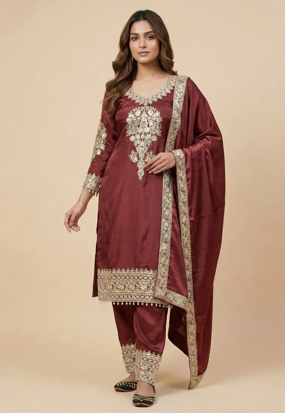 Maroon Chinon Silk Readymade Pakistani Suit 323311