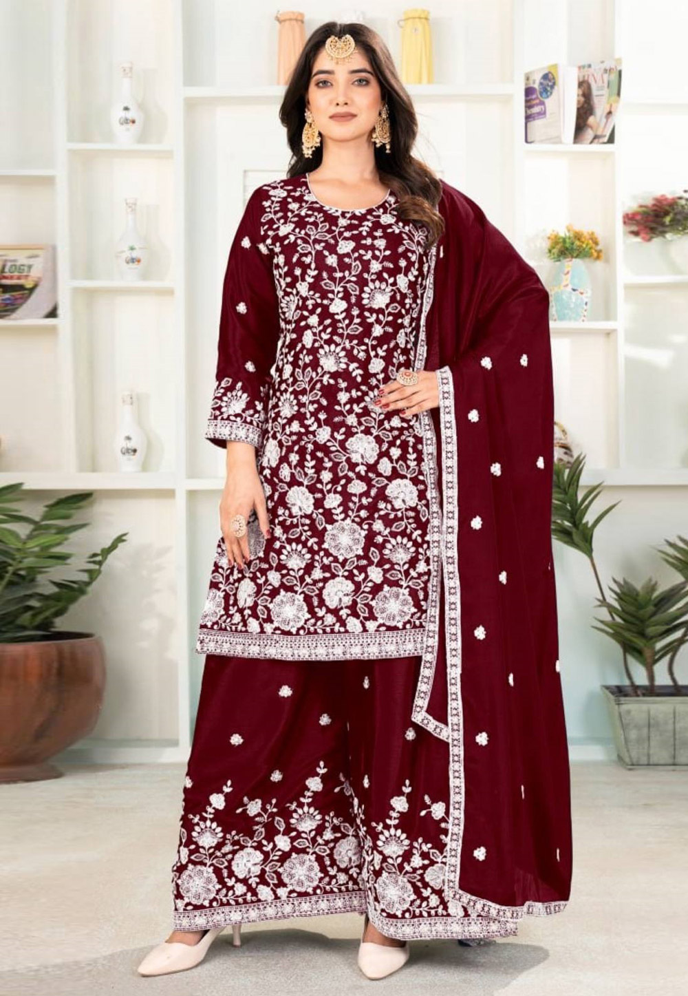Maroon Chinon Silk Readymade Palazzo Suit 320365