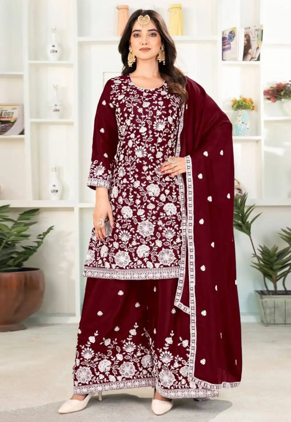 Maroon Chinon Silk Readymade Palazzo Suit 320365