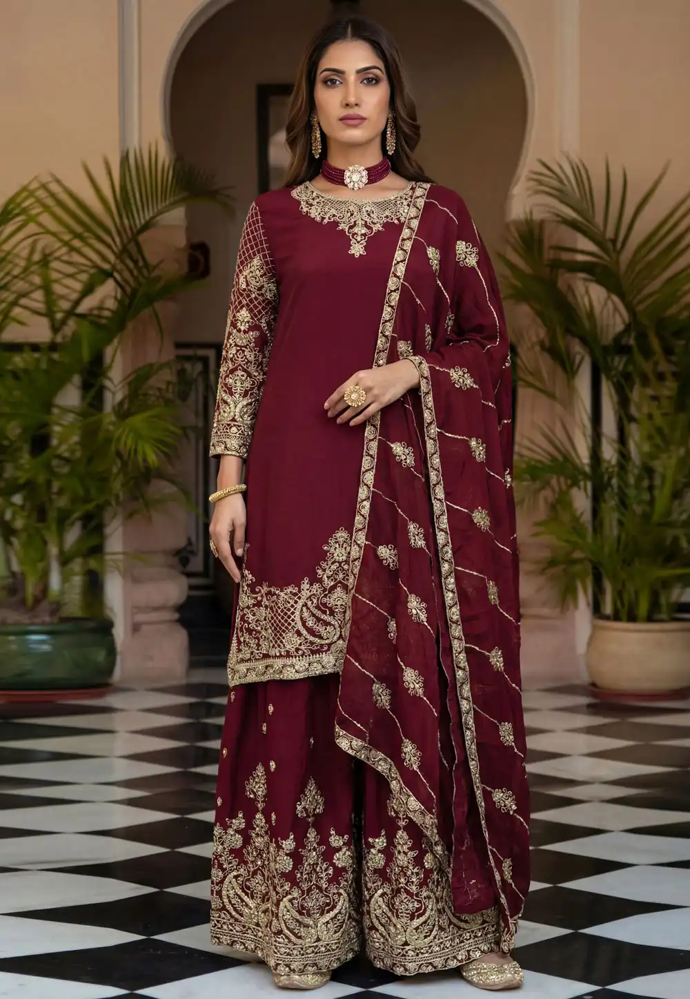 Maroon Chinon Silk Readymade Palazzo Suit 322425
