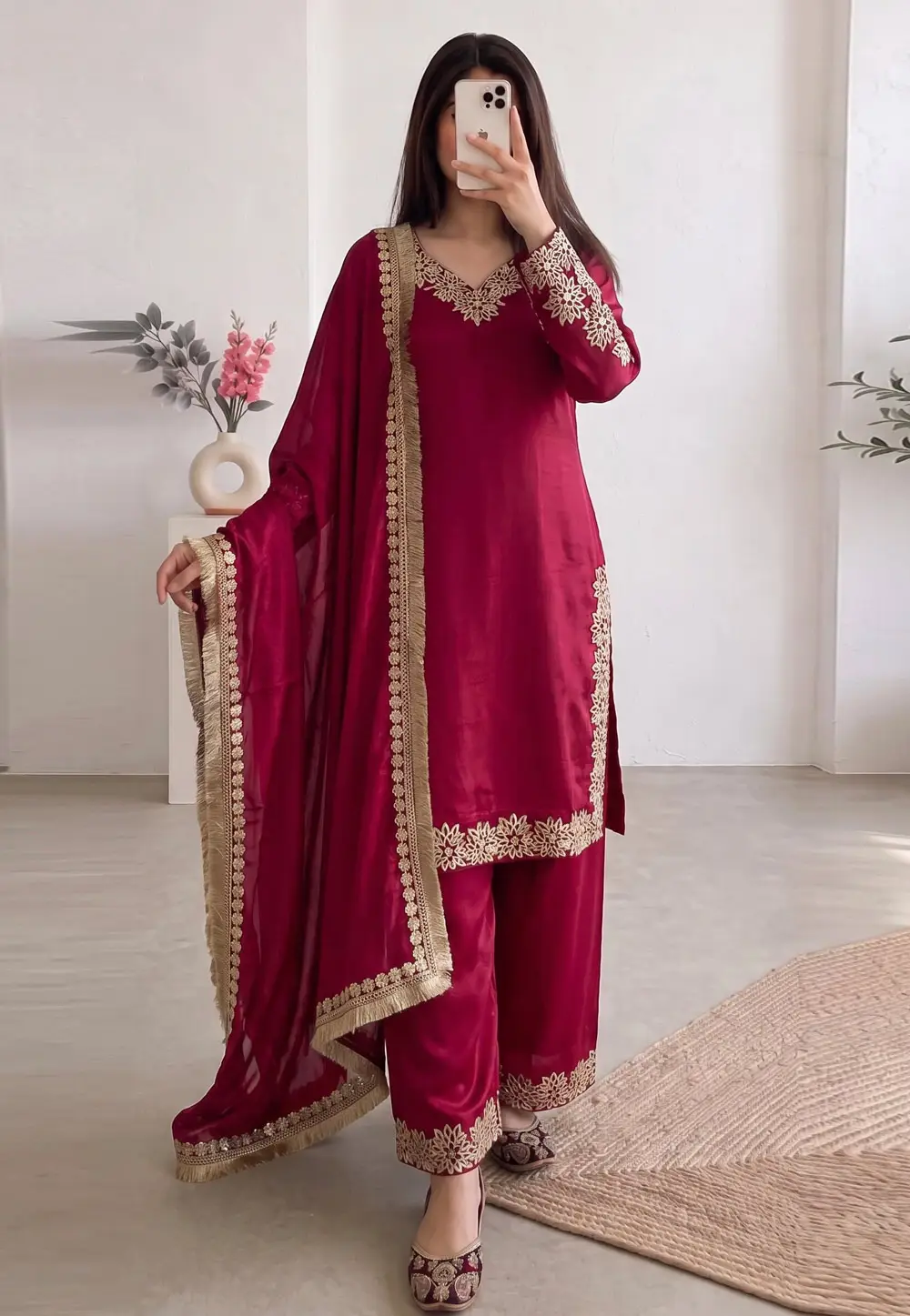 Maroon Chinon Silk Readymade Pant Style Suit 334411