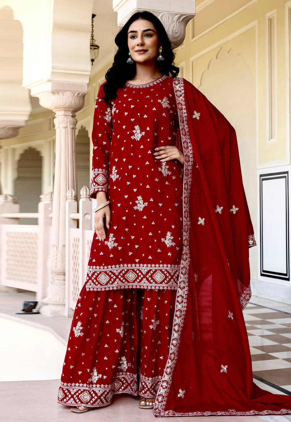 Maroon Chinon Silk Readymade Sharara Suit 321875